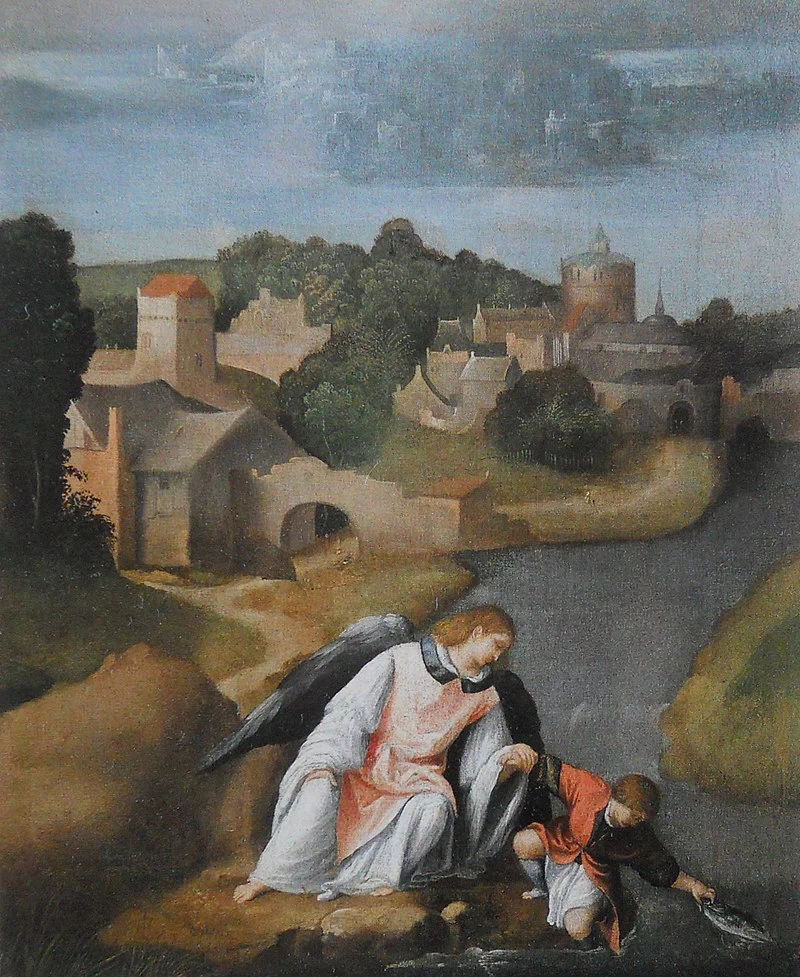 73-Alessandro Bonvicino-Moretto-Tobiolo, con l'arcangelo Raffaele, cattura il pesce nel fiume Tigri